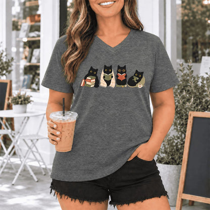 Black Cats Reading Together Ultra-Soft V-Neck | Cozy Cat Lover Gift Deep Heather