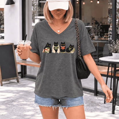 Black Cats Reading Together Ultra-Soft V-Neck | Cozy Cat Lover Gift Deep Heather
