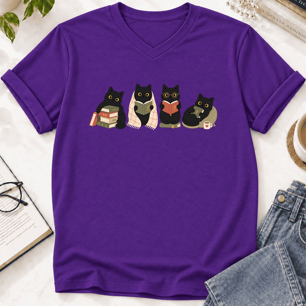 Black Cats Reading Together Ultra-Soft V-Neck | Cozy Cat Lover Gift Team Purple