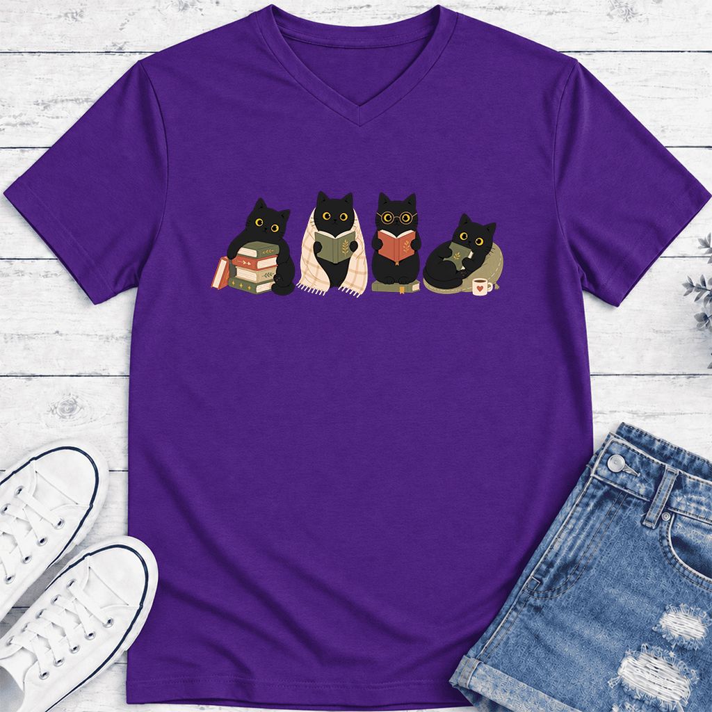 Black Cats Reading Together Ultra-Soft V-Neck | Cozy Cat Lover Gift Team Purple