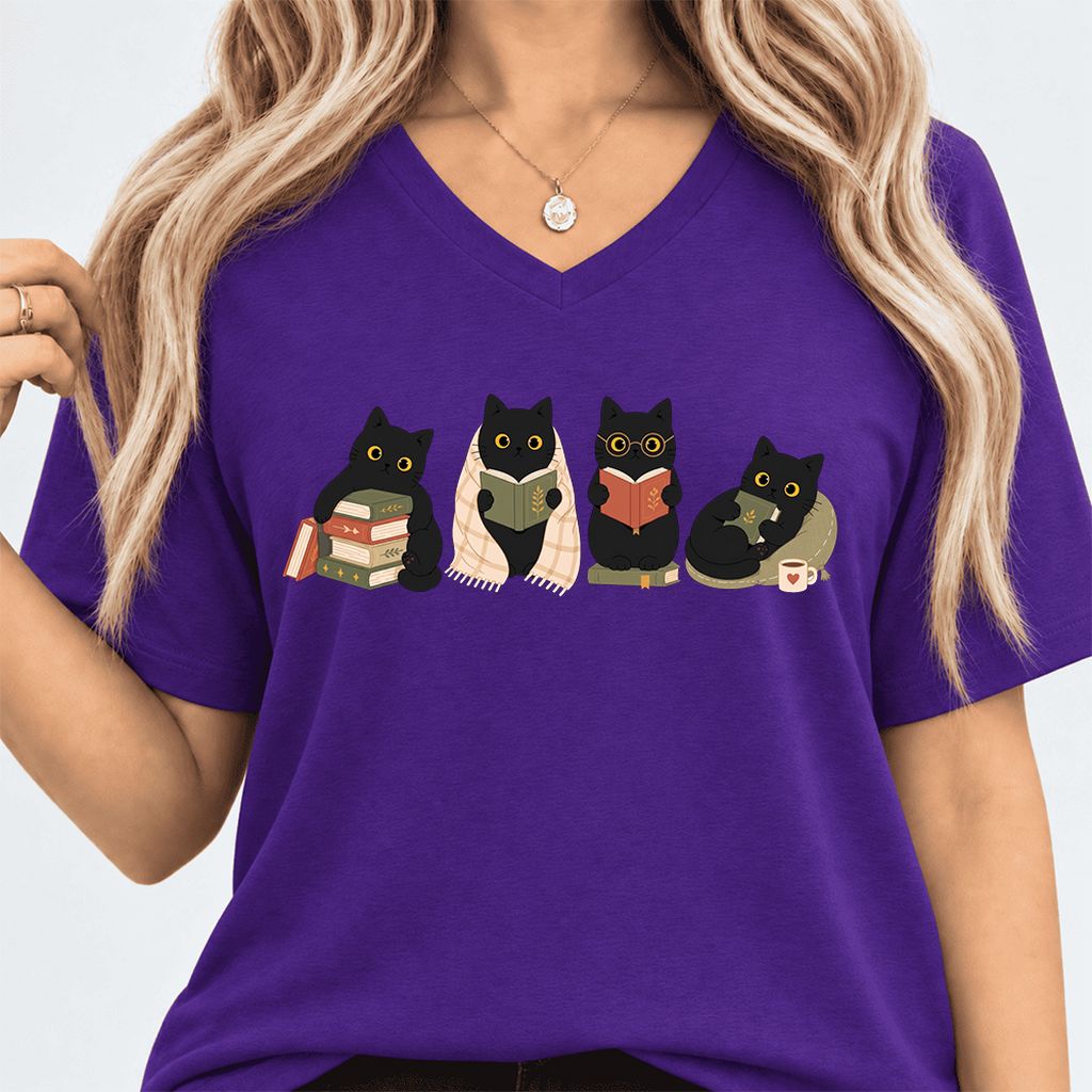 Black Cats Reading Together Ultra-Soft V-Neck | Cozy Cat Lover Gift Team Purple