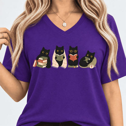 Black Cats Reading Together Ultra-Soft V-Neck | Cozy Cat Lover Gift Team Purple