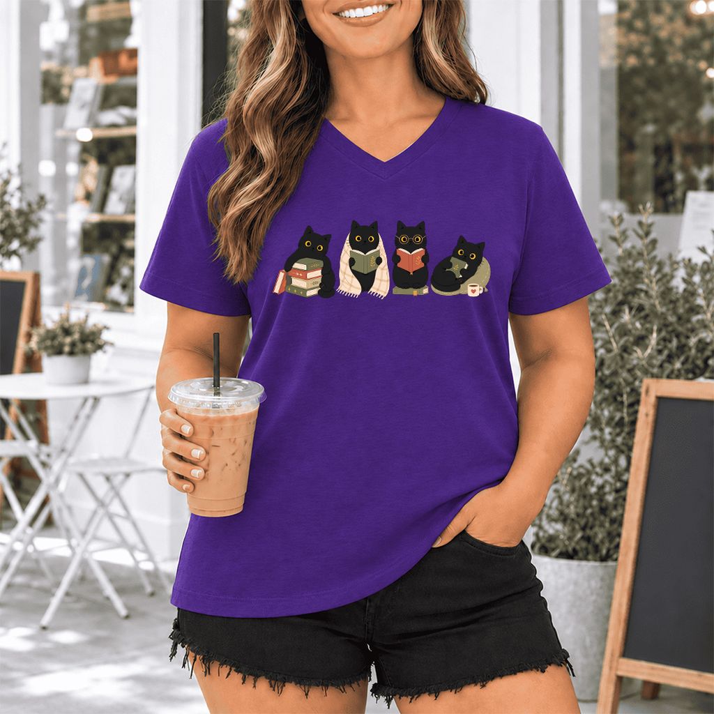 Black Cats Reading Together Ultra-Soft V-Neck | Cozy Cat Lover Gift Team Purple
