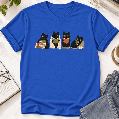 Black Cats Reading Together Ultra-Soft V-Neck | Cozy Cat Lover Gift True Royal