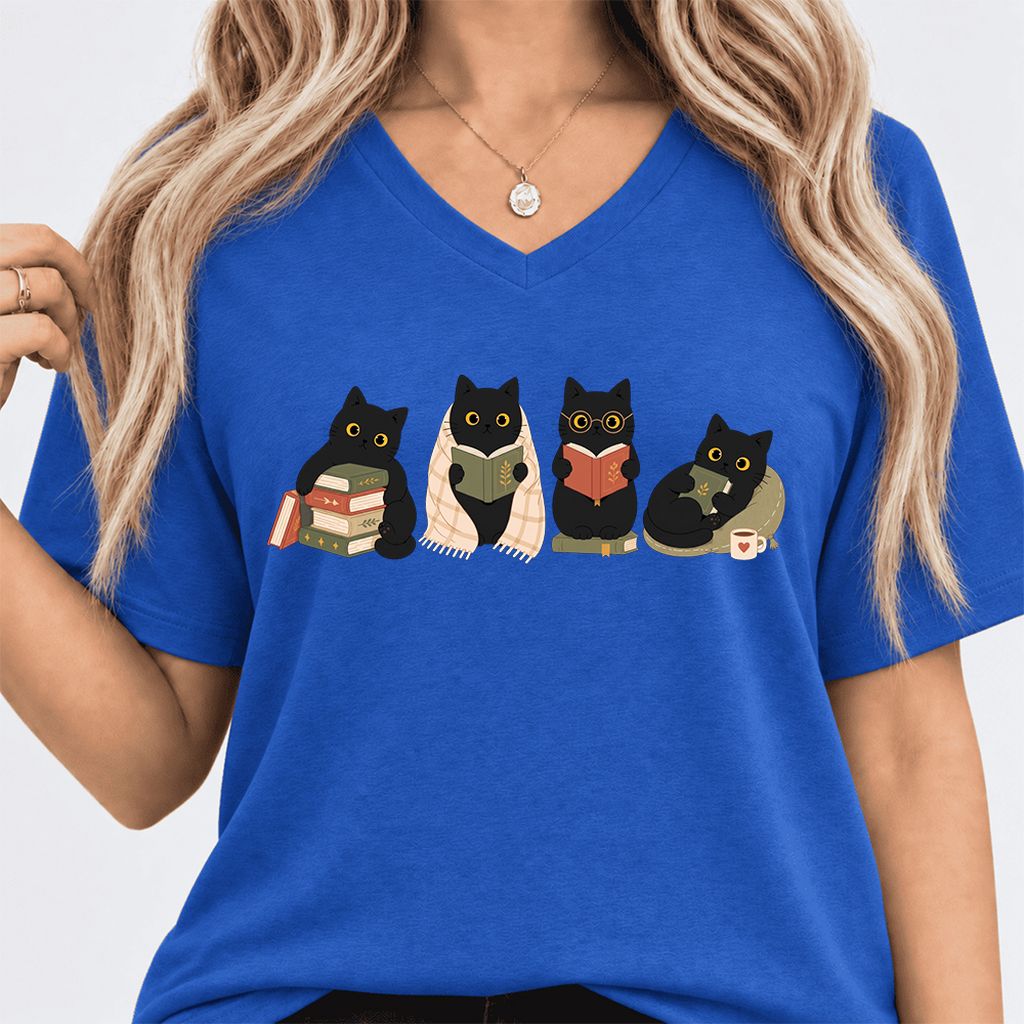 Black Cats Reading Together Ultra-Soft V-Neck | Cozy Cat Lover Gift True Royal