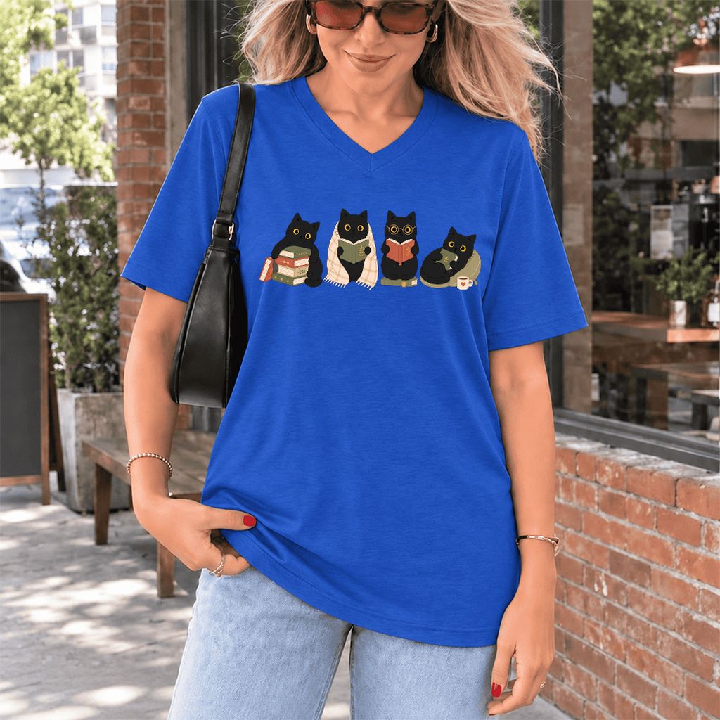 Black Cats Reading Together Ultra-Soft V-Neck | Cozy Cat Lover Gift True Royal
