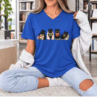 Black Cats Reading Together Ultra-Soft V-Neck | Cozy Cat Lover Gift True Royal