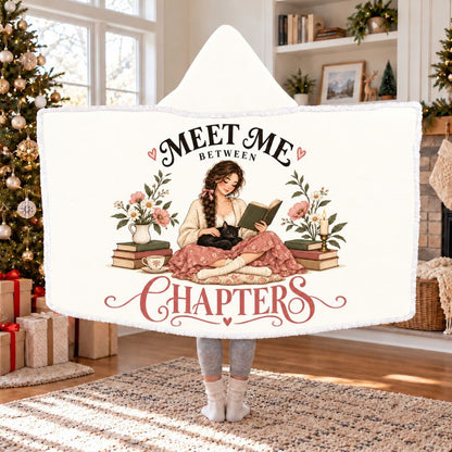 Meet Me Between Chapters Black Cat Sherpa Hooded Blanket | Cat Lover Reader Gift White