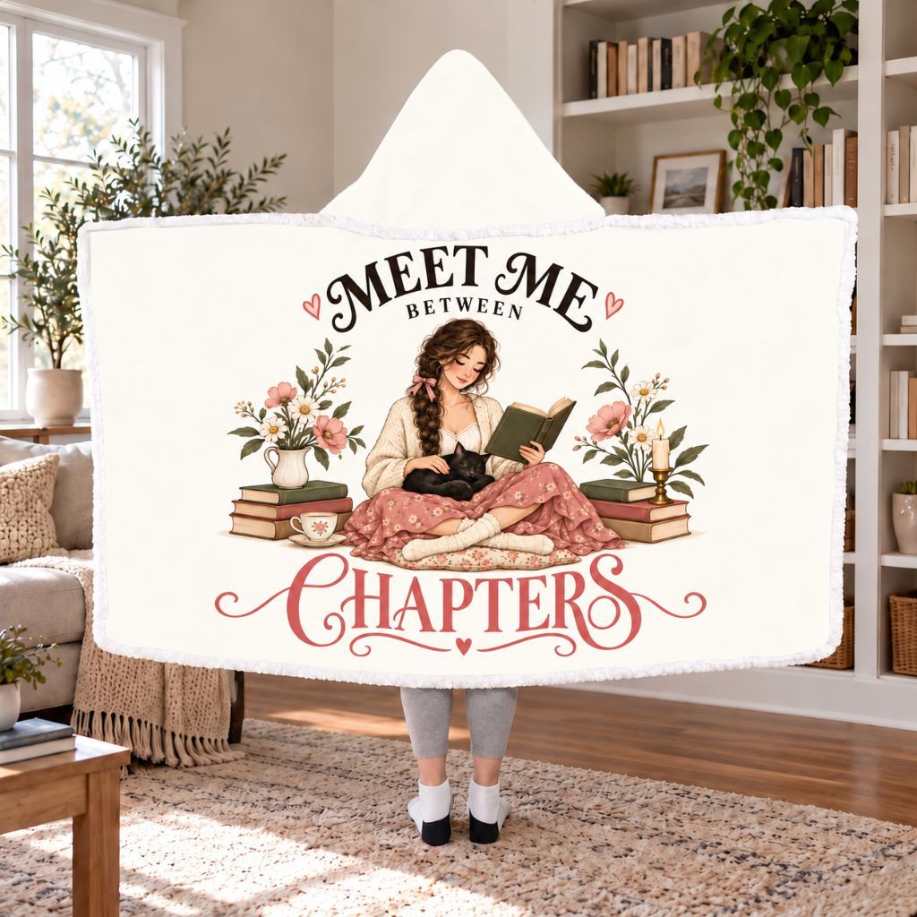 Meet Me Between Chapters Black Cat Sherpa Hooded Blanket | Cat Lover Reader Gift White