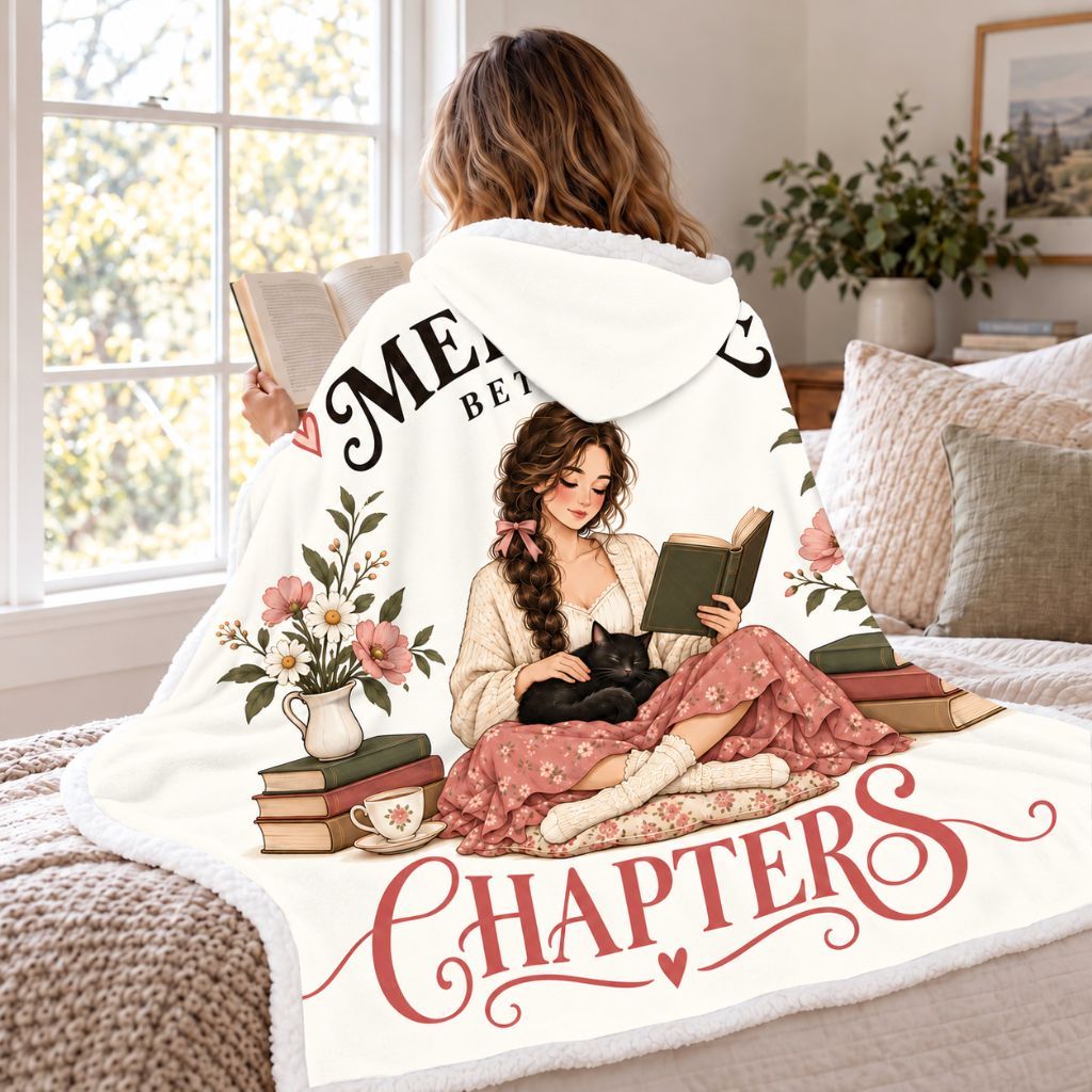 Meet Me Between Chapters Black Cat Sherpa Hooded Blanket | Cat Lover Reader Gift White