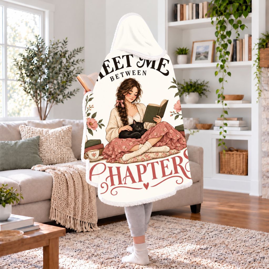 Meet Me Between Chapters Black Cat Sherpa Hooded Blanket | Cat Lover Reader Gift White