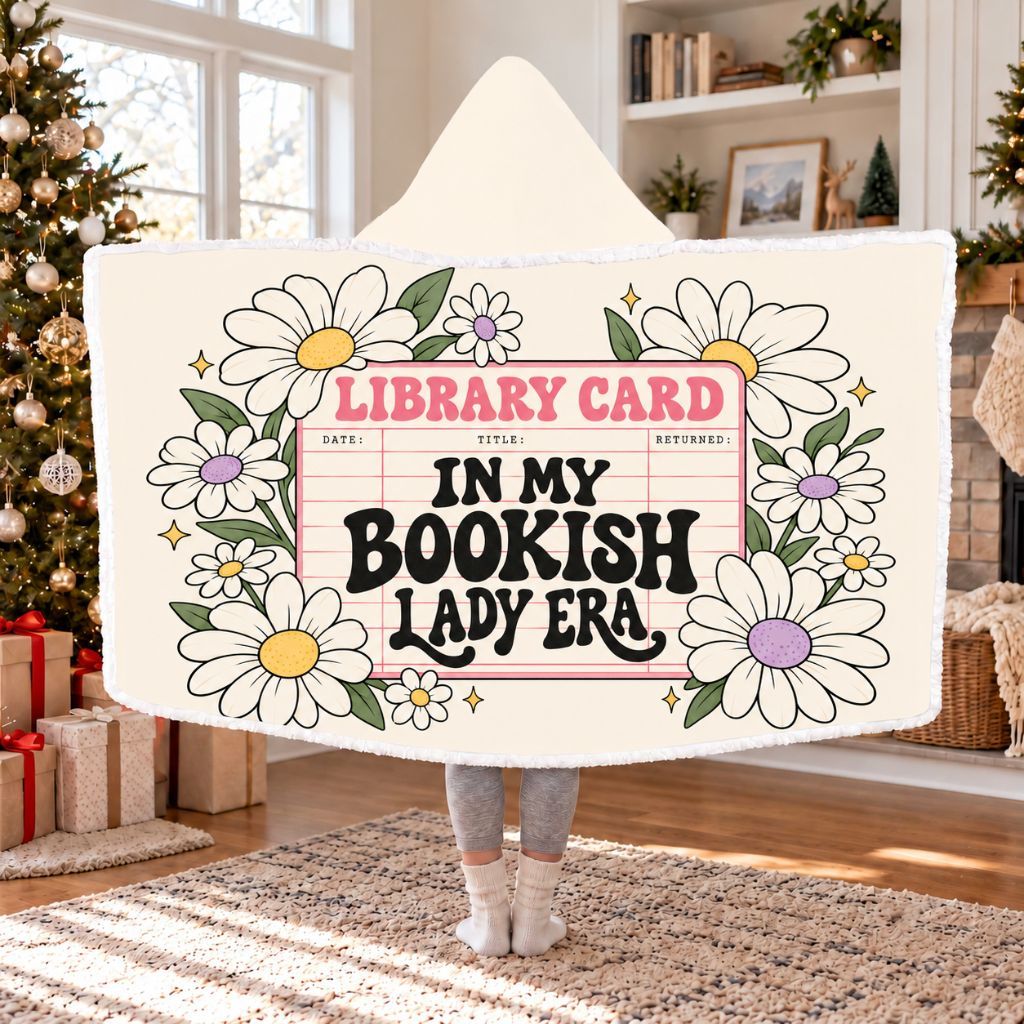 In My Bookish Lady Era Library Card Sherpa Hooded Blanket | Book Lover Gift White