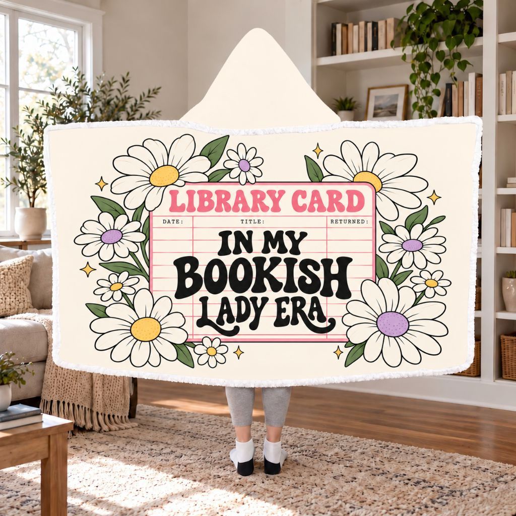 In My Bookish Lady Era Library Card Sherpa Hooded Blanket | Book Lover Gift White
