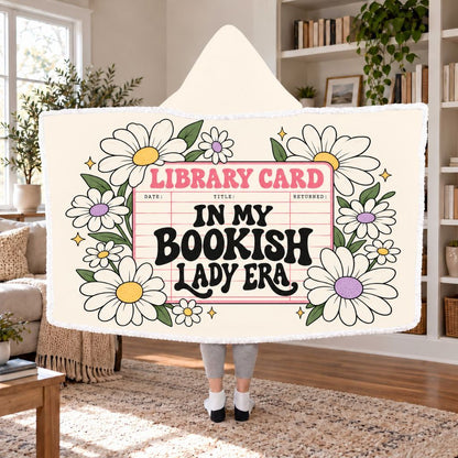 In My Bookish Lady Era Library Card Sherpa Hooded Blanket | Book Lover Gift White