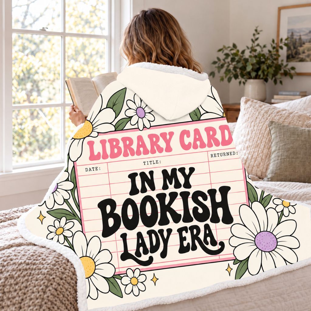 In My Bookish Lady Era Library Card Sherpa Hooded Blanket | Book Lover Gift White