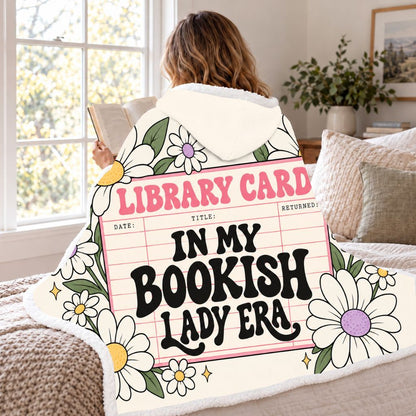 In My Bookish Lady Era Library Card Sherpa Hooded Blanket | Book Lover Gift White