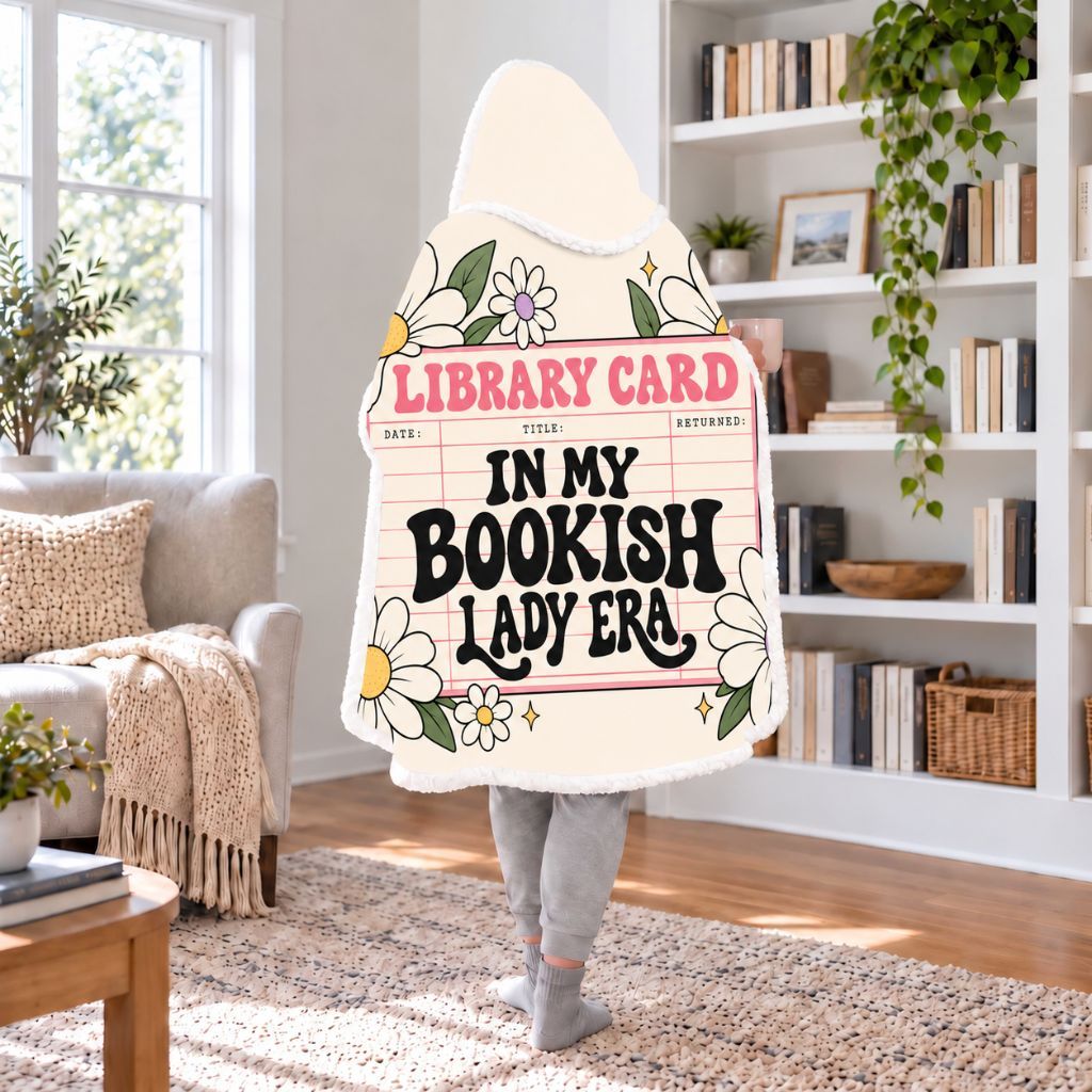 In My Bookish Lady Era Library Card Sherpa Hooded Blanket | Book Lover Gift White