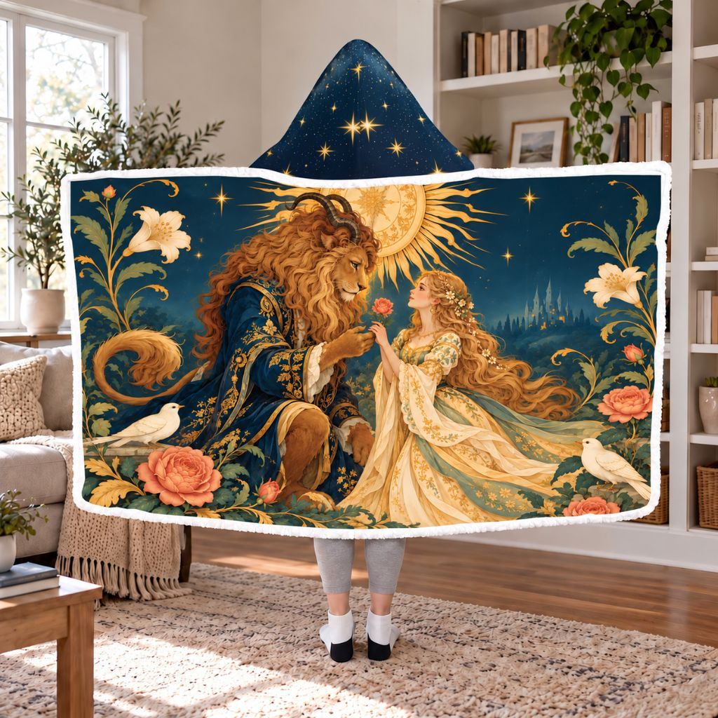 Beauty And The Beast Rose Sherpa Hooded Blanket | Fairytale Reader Gift White