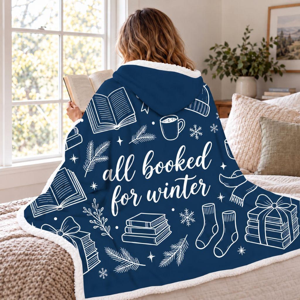 All Booked For Winter Sherpa Hooded Blanket | Cozy Winter Reader Gift White
