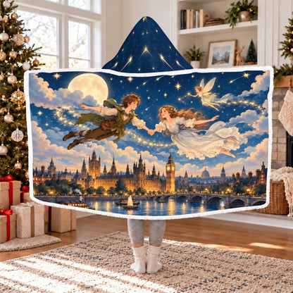 Peter Pan Flying Over London Sherpa Hooded Blanket | Classic Book Lover Gift White