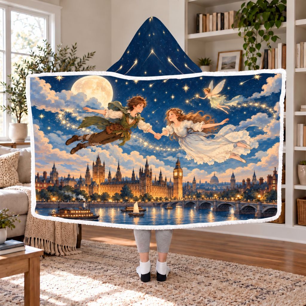 Peter Pan Flying Over London Sherpa Hooded Blanket | Classic Book Lover Gift White
