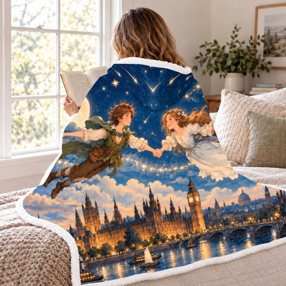 Peter Pan Flying Over London Sherpa Hooded Blanket | Classic Book Lover Gift White