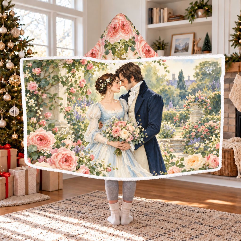 Pride And Prejudice Wedding Sherpa Hooded Blanket | Romance Reader Gift White