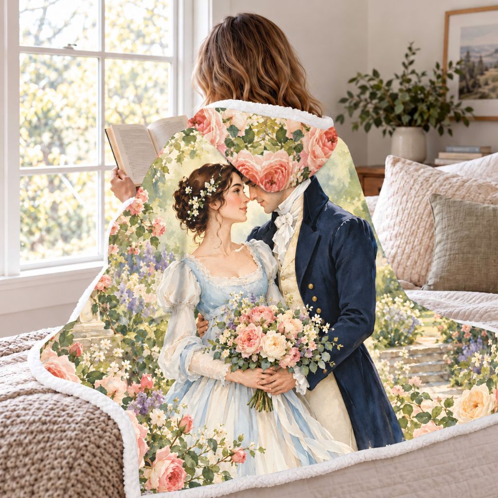 Pride And Prejudice Wedding Sherpa Hooded Blanket | Romance Reader Gift White