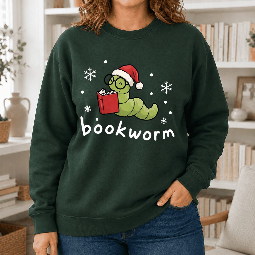 Noel Bookworm Printed Sweatshirt | Christmas Reader Gift Forest Green
