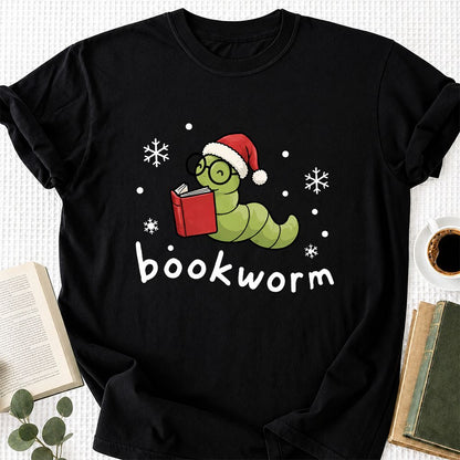 Noel Bookworm Printed T-Shirt | Christmas Reader Gift Black