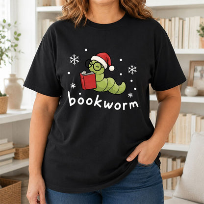 Noel Bookworm Printed T-Shirt | Christmas Reader Gift Black