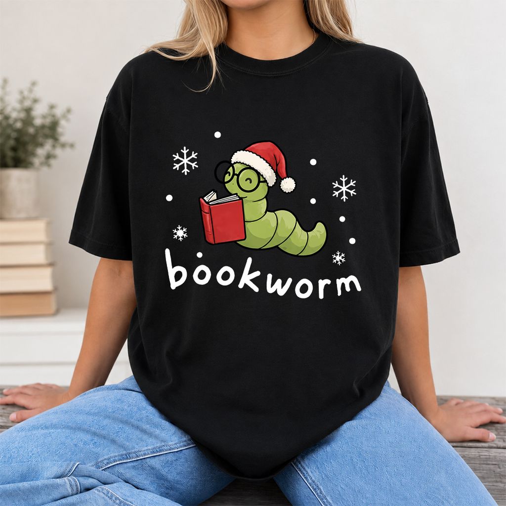 Noel Bookworm Printed T-Shirt | Christmas Reader Gift Black