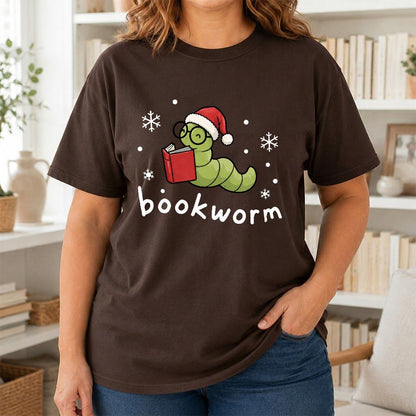 Noel Bookworm Printed T-Shirt | Christmas Reader Gift Dark Chocolate