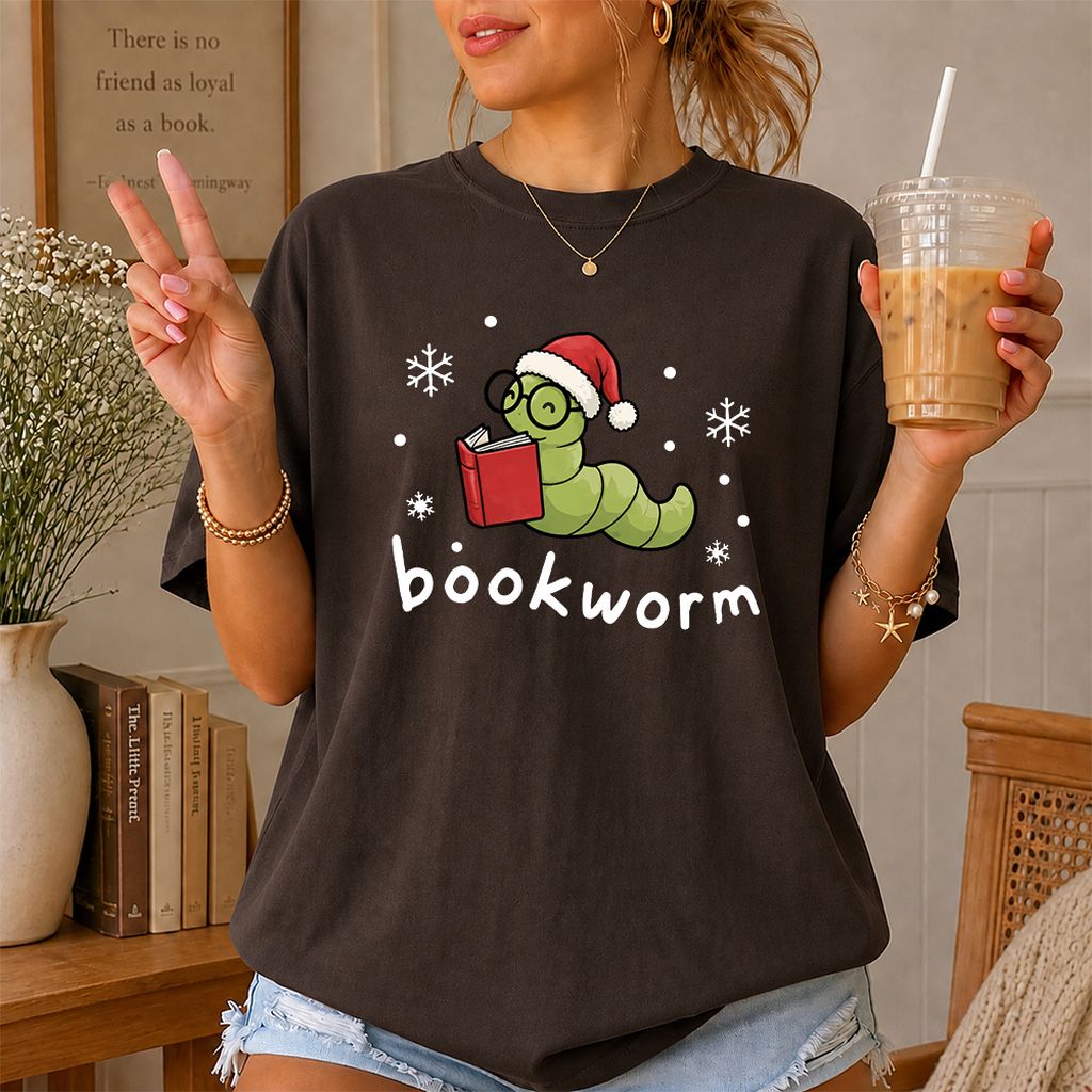 Noel Bookworm Printed T-Shirt | Christmas Reader Gift Dark Chocolate