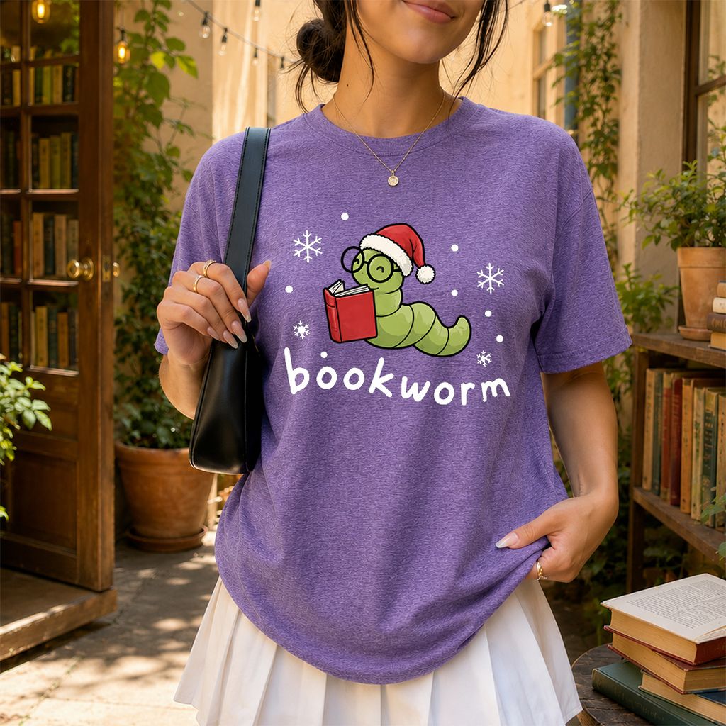 Noel Bookworm Printed T-Shirt | Christmas Reader Gift Heather Purple