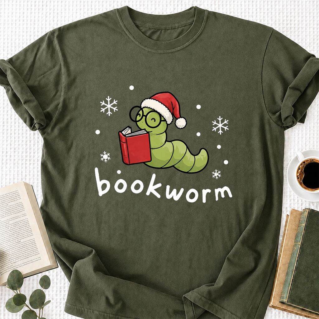 Noel Bookworm Printed T-Shirt | Christmas Reader Gift Military Green