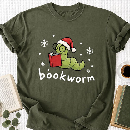 Noel Bookworm Printed T-Shirt | Christmas Reader Gift Military Green