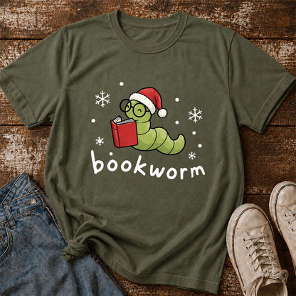 Noel Bookworm Printed T-Shirt | Christmas Reader Gift Military Green