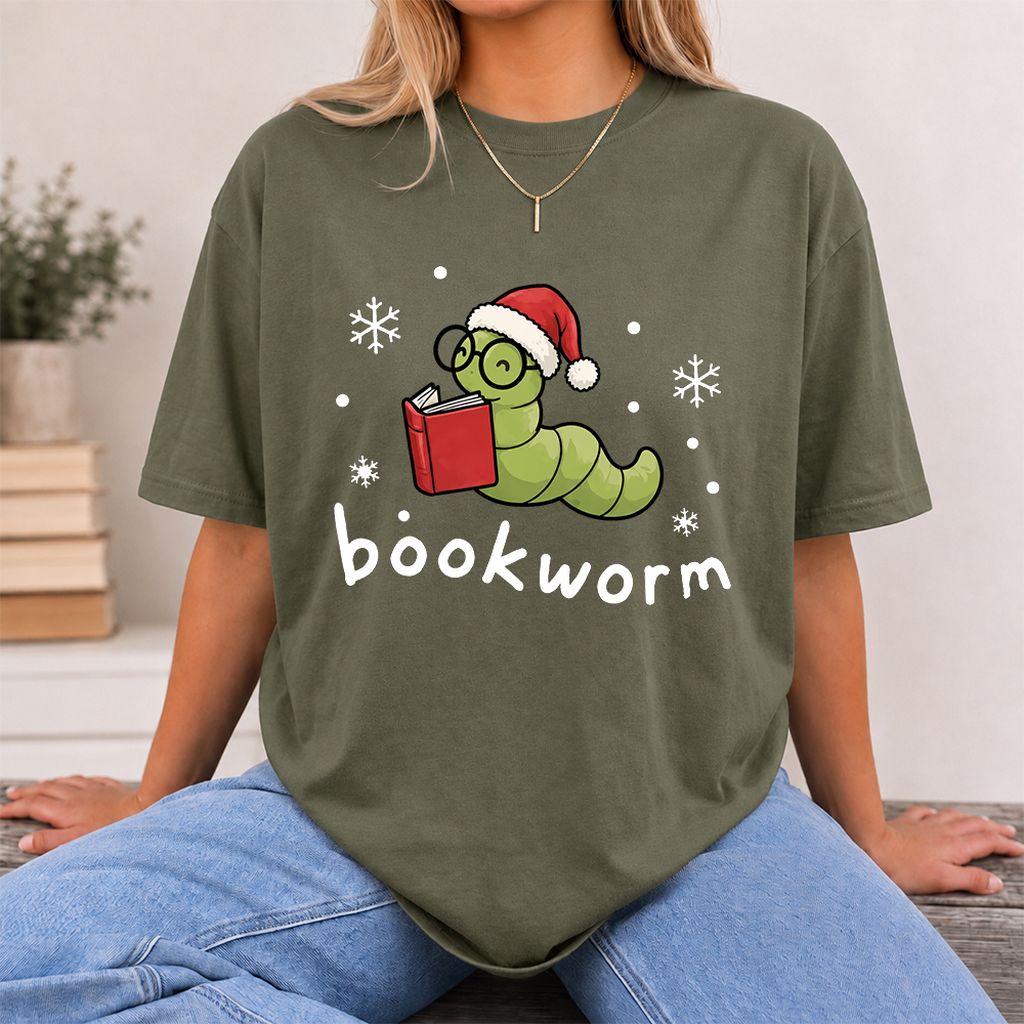 Noel Bookworm Printed T-Shirt | Christmas Reader Gift Military Green
