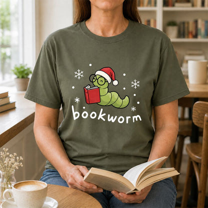 Noel Bookworm Printed T-Shirt | Christmas Reader Gift Military Green