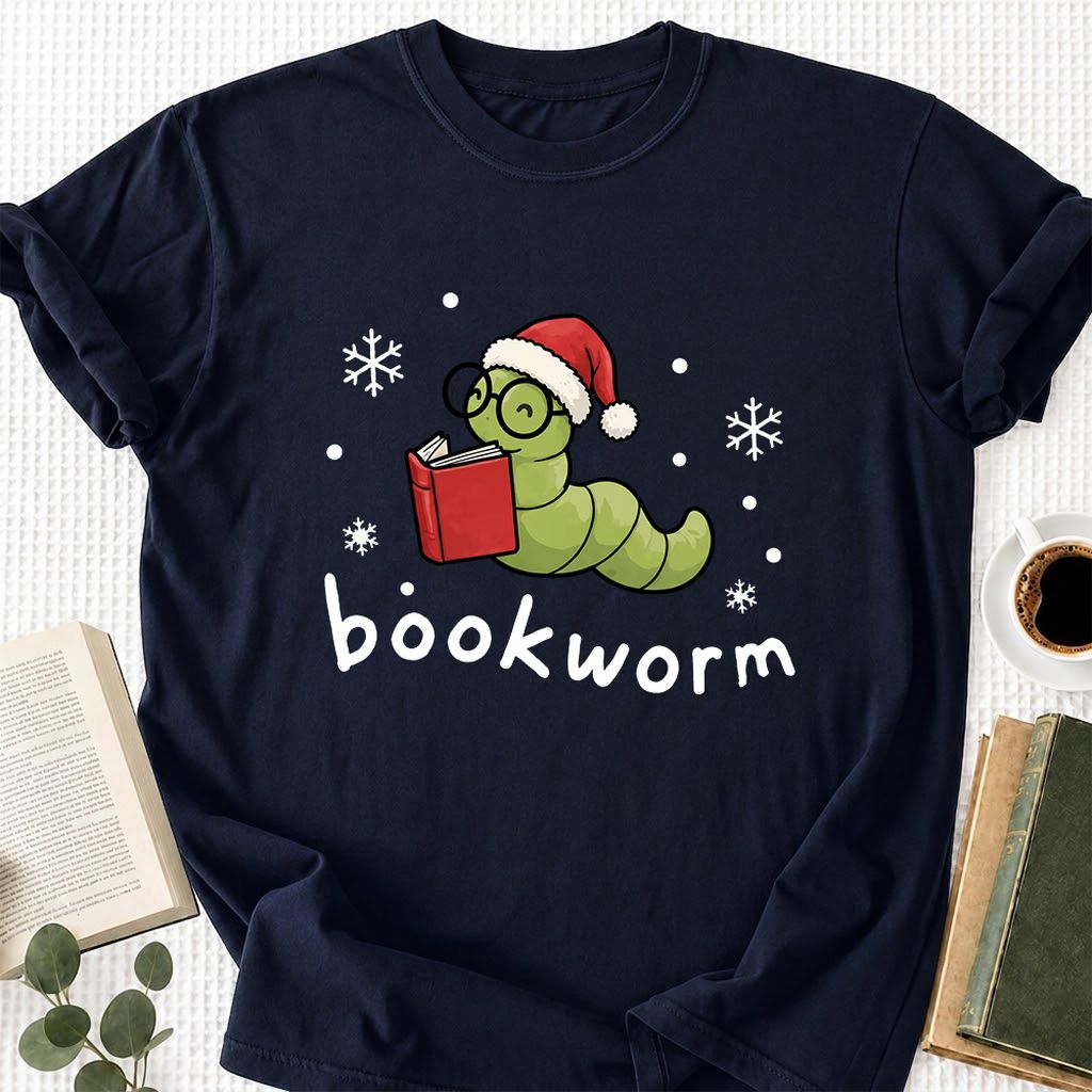 Noel Bookworm Printed T-Shirt | Christmas Reader Gift Navy