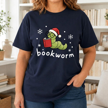 Noel Bookworm Printed T-Shirt | Christmas Reader Gift Navy