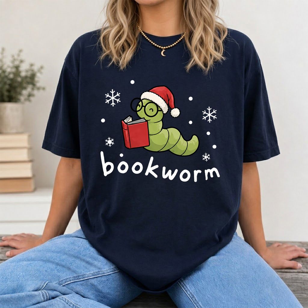 Noel Bookworm Printed T-Shirt | Christmas Reader Gift Navy