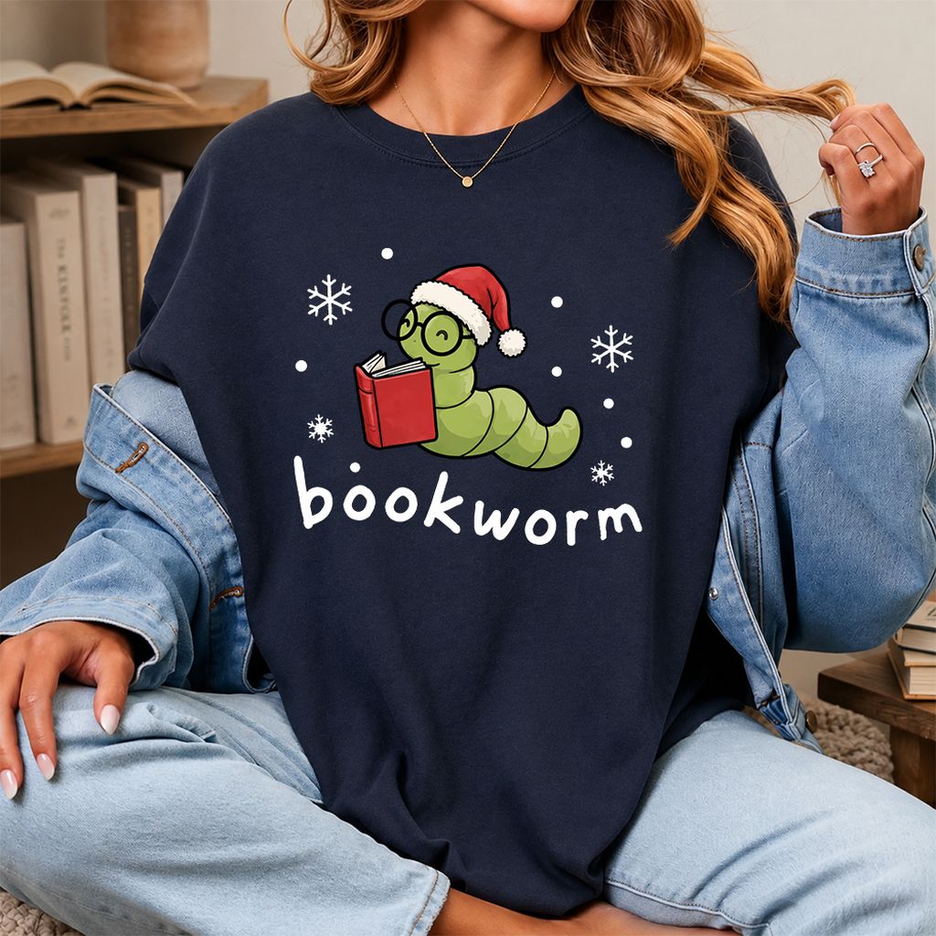 Noel Bookworm Printed T-Shirt | Christmas Reader Gift Navy