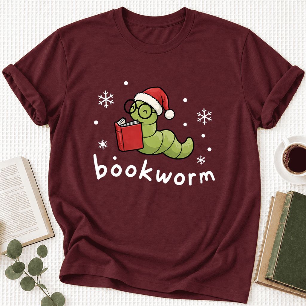 Noel Bookworm Ultra-Soft Cotton T-Shirt | Reader Christmas Gift Maroon