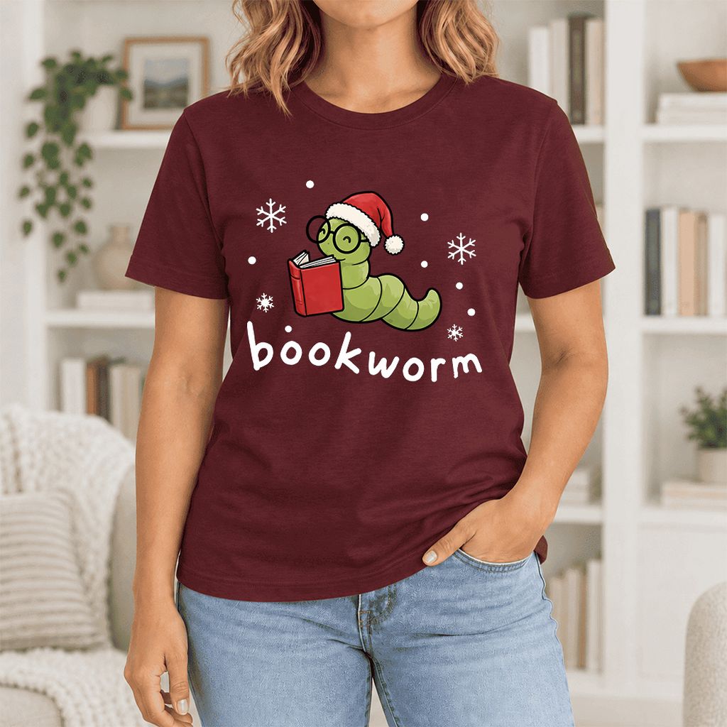 Noel Bookworm Ultra-Soft Cotton T-Shirt | Reader Christmas Gift Maroon