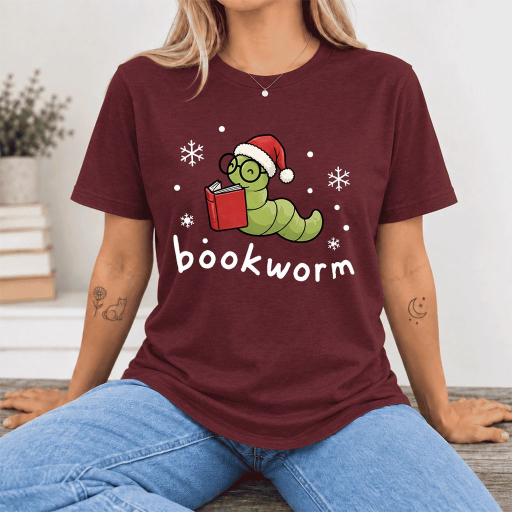 Noel Bookworm Ultra-Soft Cotton T-Shirt | Reader Christmas Gift Maroon