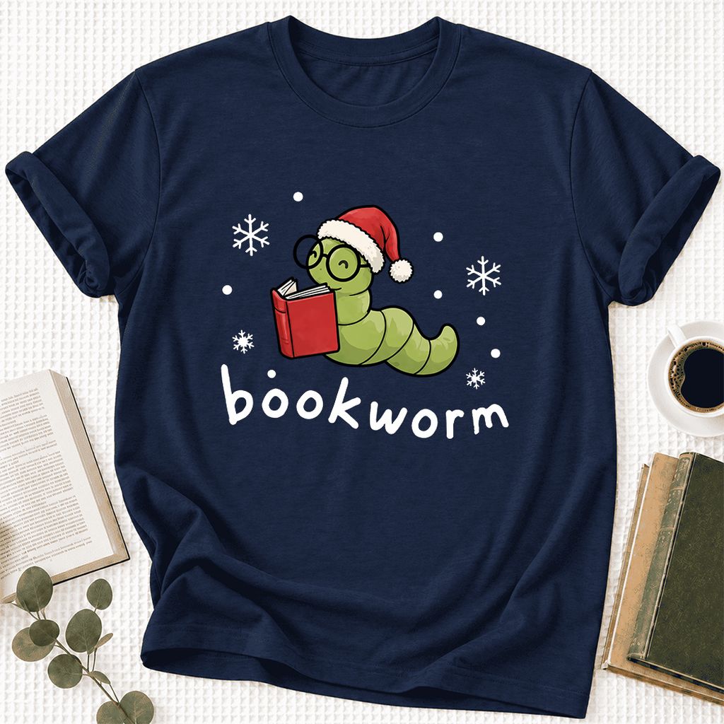 Noel Bookworm Ultra-Soft Cotton T-Shirt | Reader Christmas Gift Navy