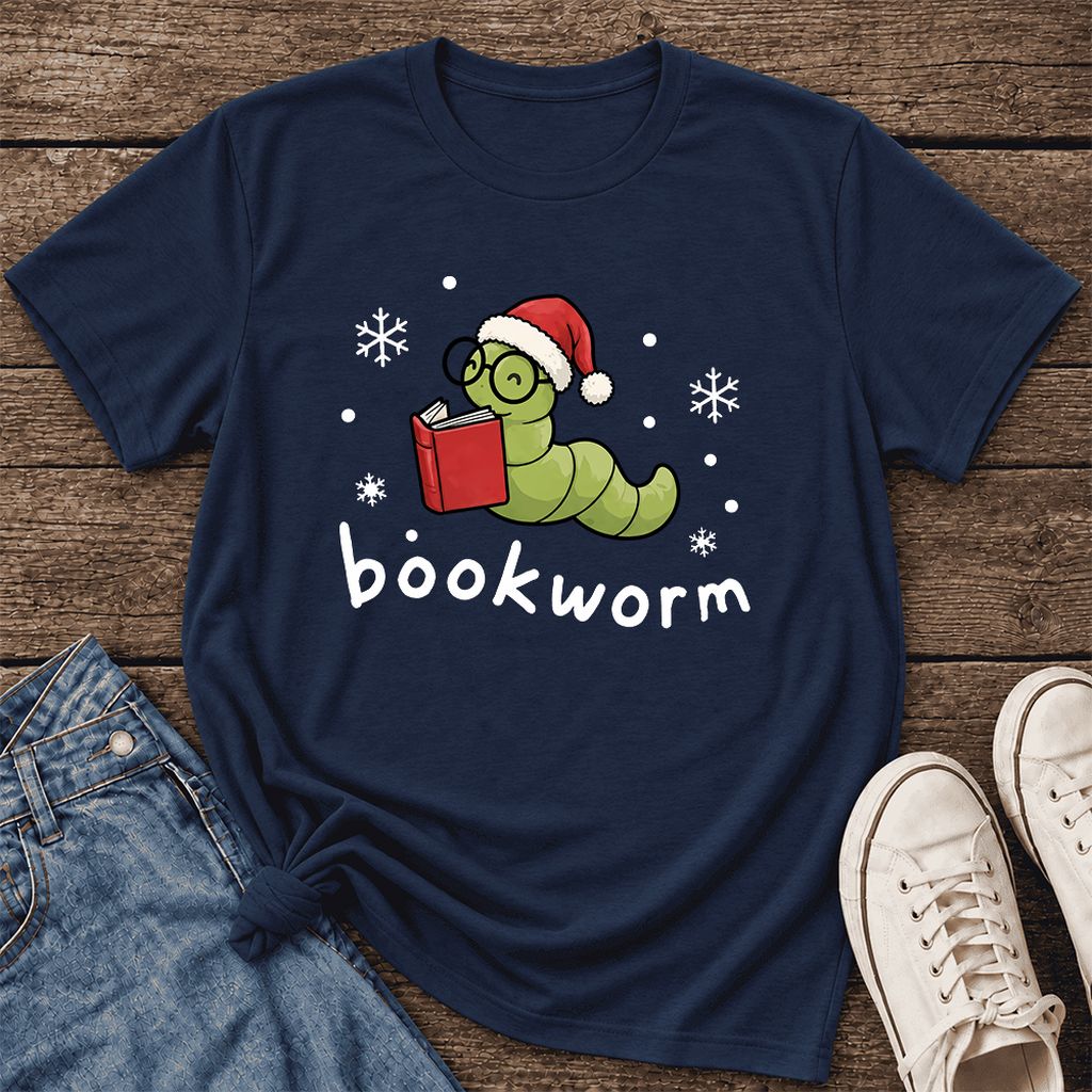 Noel Bookworm Ultra-Soft Cotton T-Shirt | Reader Christmas Gift Navy