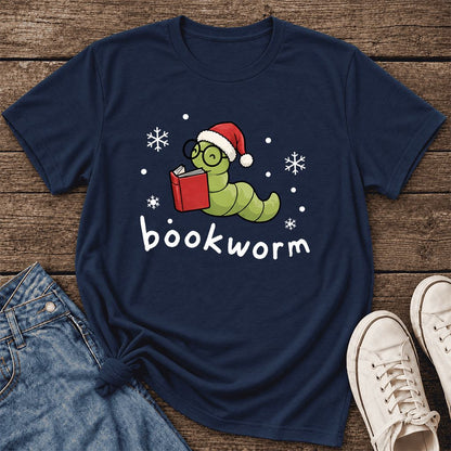 Noel Bookworm Ultra-Soft Cotton T-Shirt | Reader Christmas Gift Navy